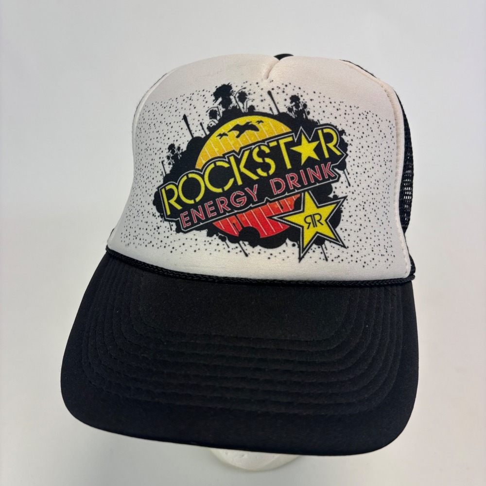 Rockstar Energy Drink Trucker Hat Mens OSFA Black White Excellent Snapback Mesh